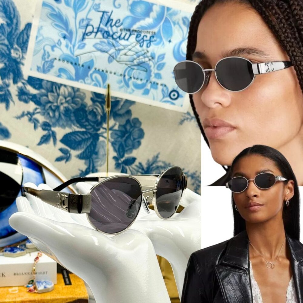 🆕 CELINE 🧿 NIB CL40235U 16A Metal Triomphe Oval Sunglasses, Silver & Smoke